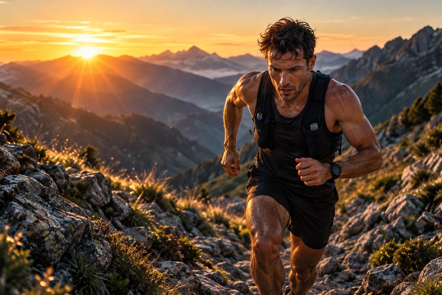 A trail runner climbing a rocky mountain path at sunrise