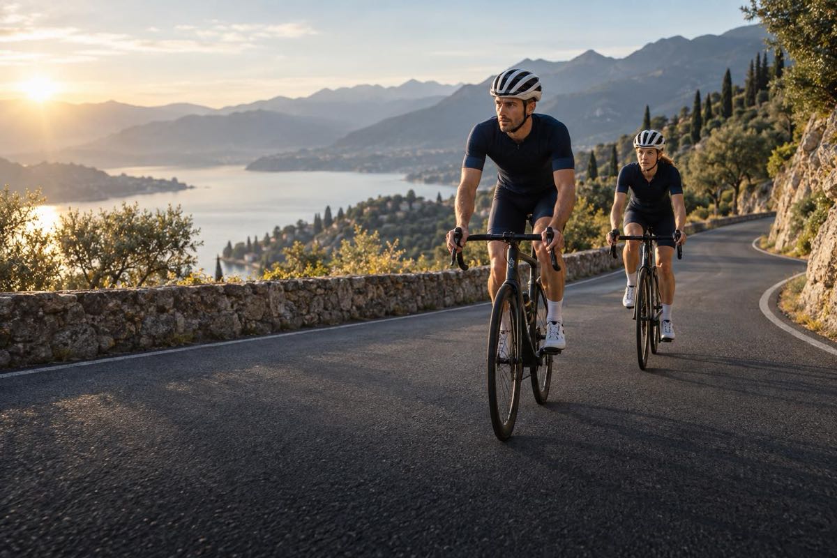 Two road cyclists riding up a coastal mountain road at sunrise